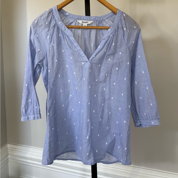 Old Navy S Blue Popover Tunic Lightweight V-Neck White Embroidered Polka Dot EUC - Picture 1 of 3